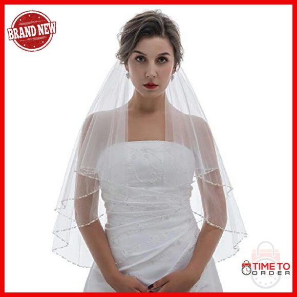 2 Tier Pearl Crystal Beaded Bridal Wedding Veil Fingertip Length main image 8
